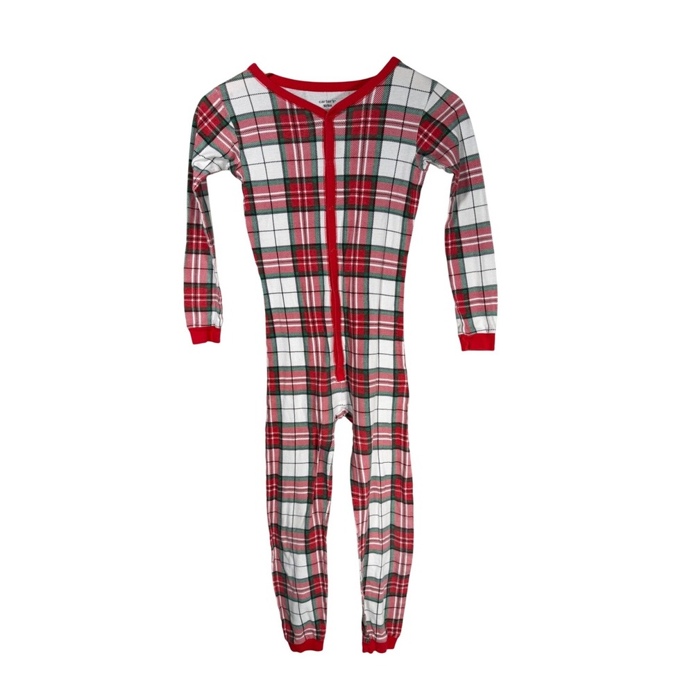Carters Kids Red Green Plaid Cotton Zip Front Pajama Union Suit Size 10 Holiday